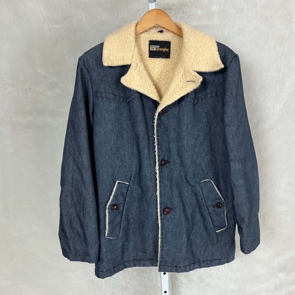 Vintage 70s Mr. Wrangler Sherpa Lined Denim Chore Jacket Made in USA 40